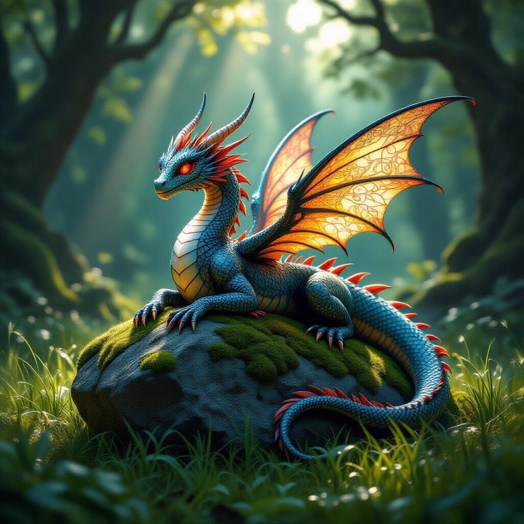 Fairy Dragon on Mossy Stone in Sunlit Forest