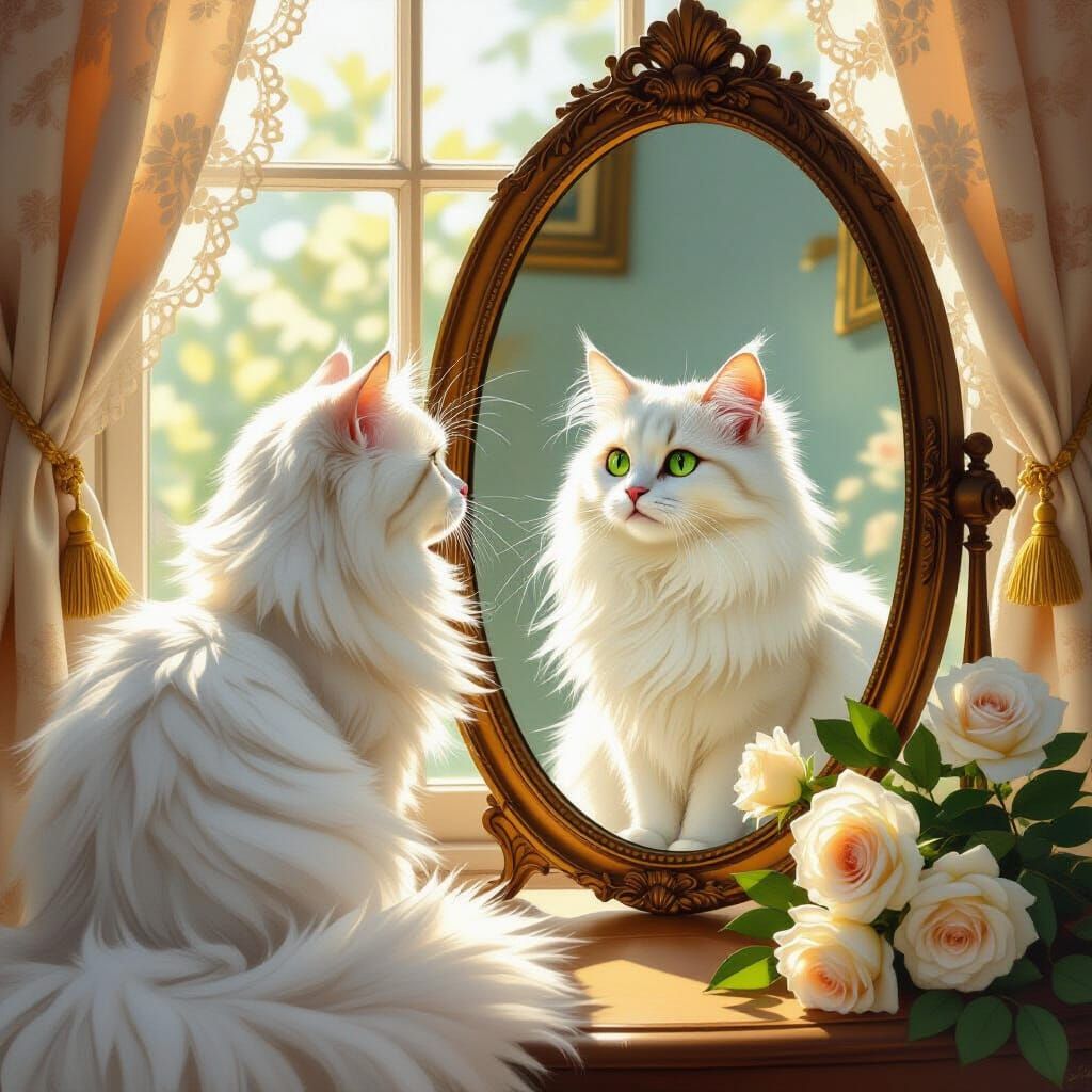 White Cat in Sunlit Mirror, Elegant Floral Art