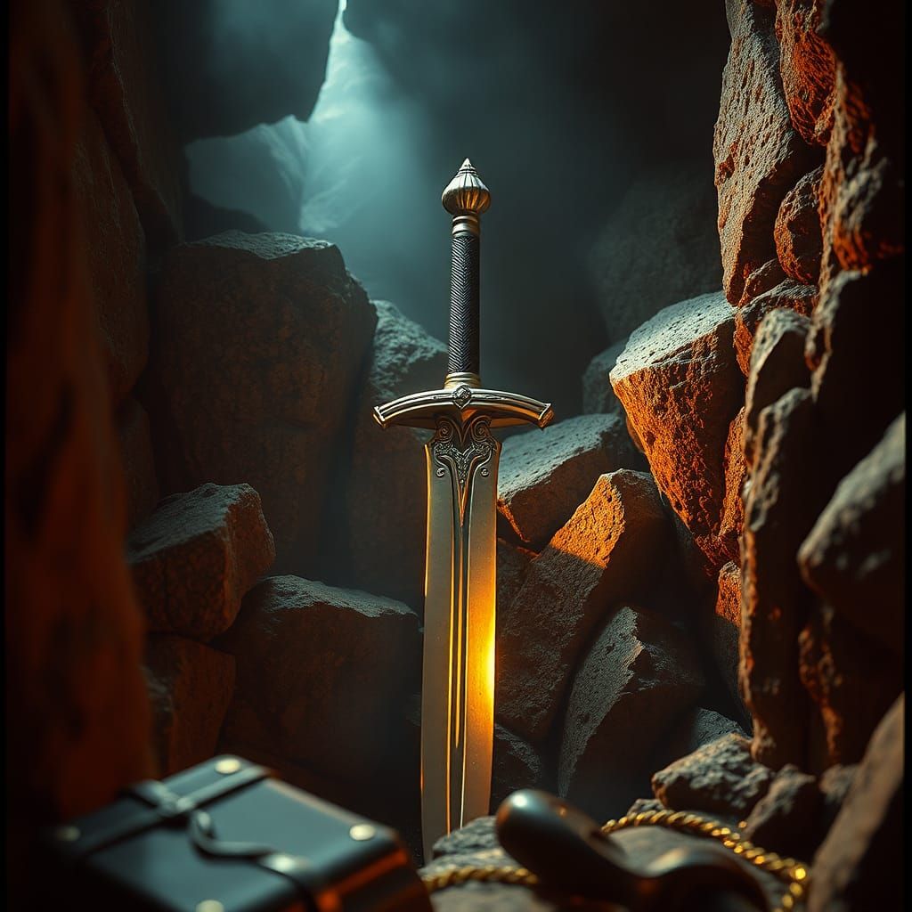 Mystical Sword Embedded in Ancient Stone