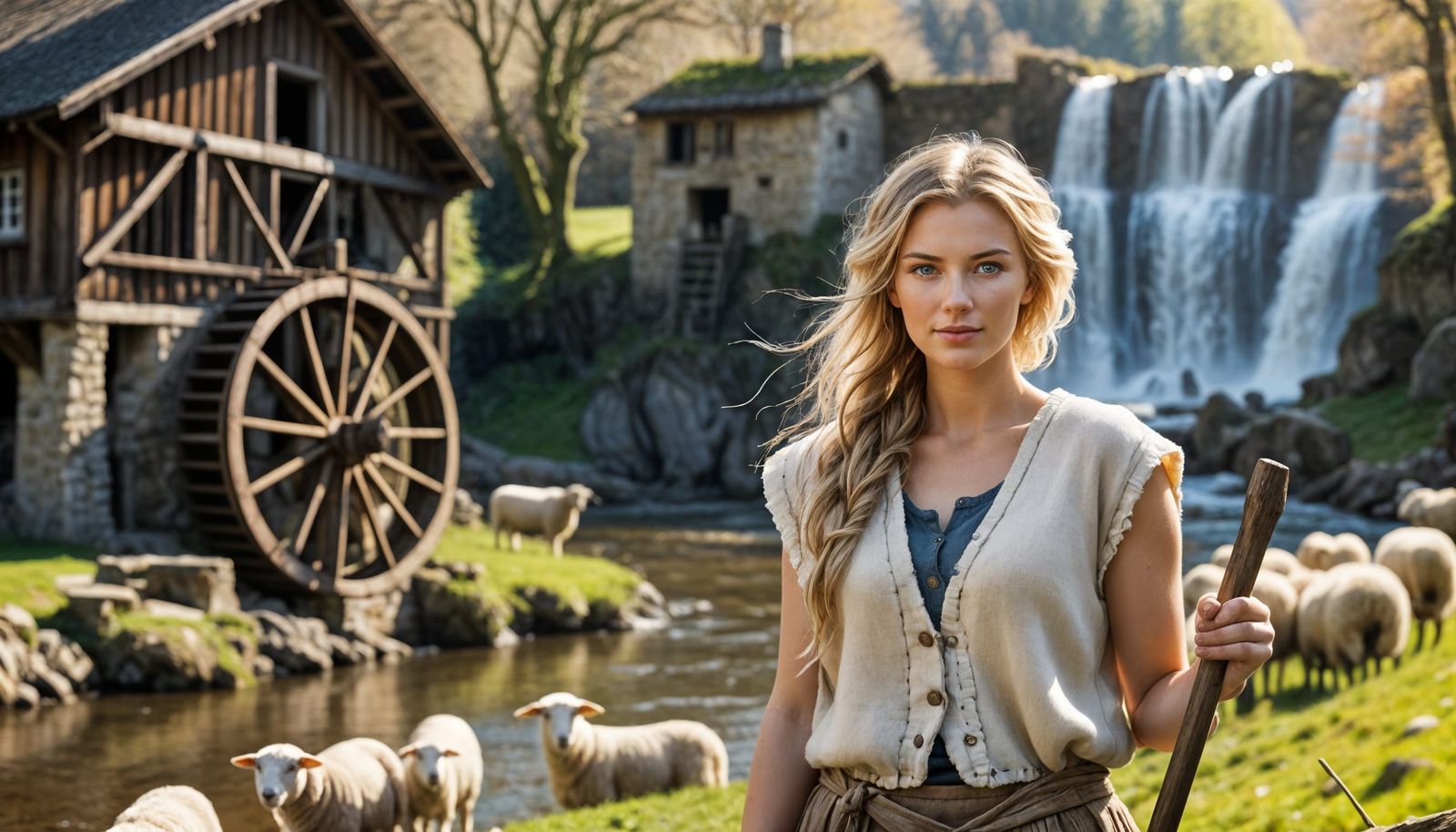 Shepherdess by Sunny Watermill with Spring Blooms