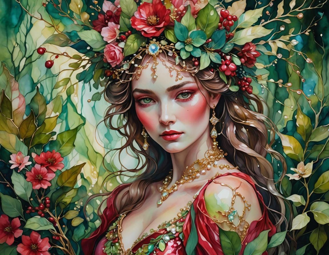 Woman with Floral Headpiece in Iridescent Pastels