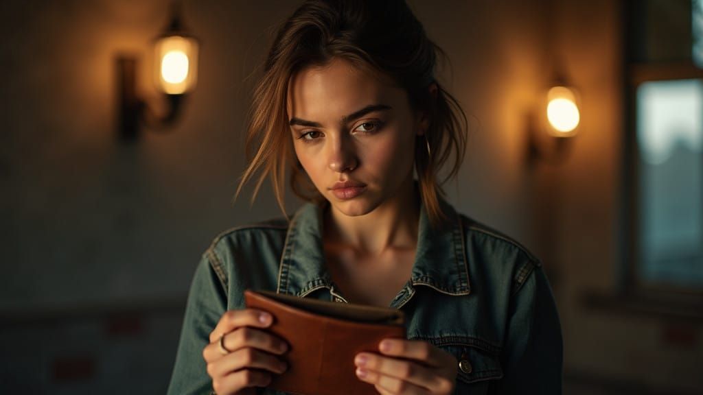 Young Woman Hesitates, Gazing at a Worn Leather Wallet in a....
