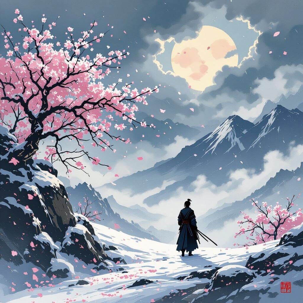 Samurai Warrior in Snowy Mountain Pass, Ukiyo-e Cinematic St...