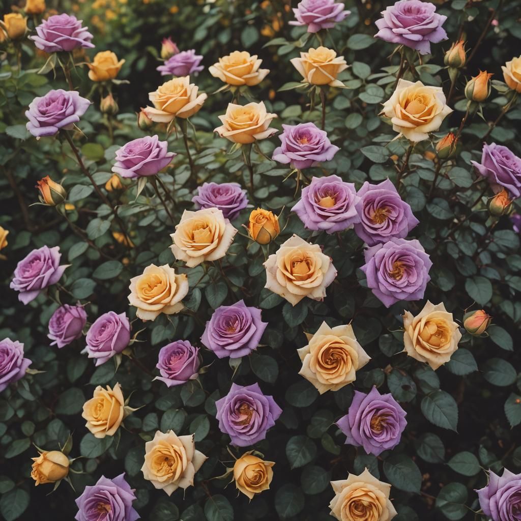 Purple and Yellow Roses in Cinematic Garden