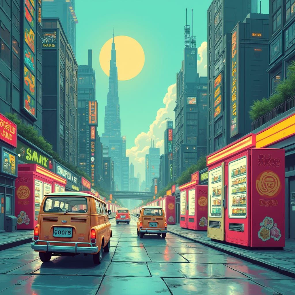 Futuristic Cityscape with Retro-Futuristic Vending Machines ...