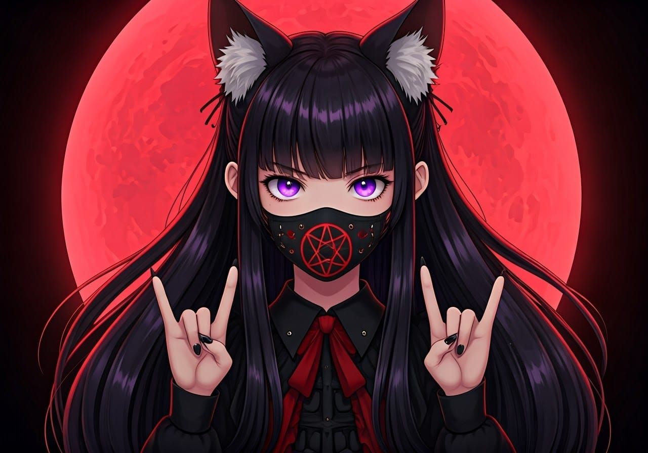 Kitsune Woman in Gothic Lolita Style with Red Moon