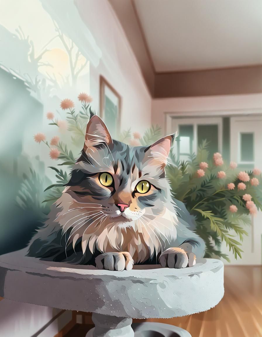 Cat in Mist: A Pastel Papercut Digital Painting