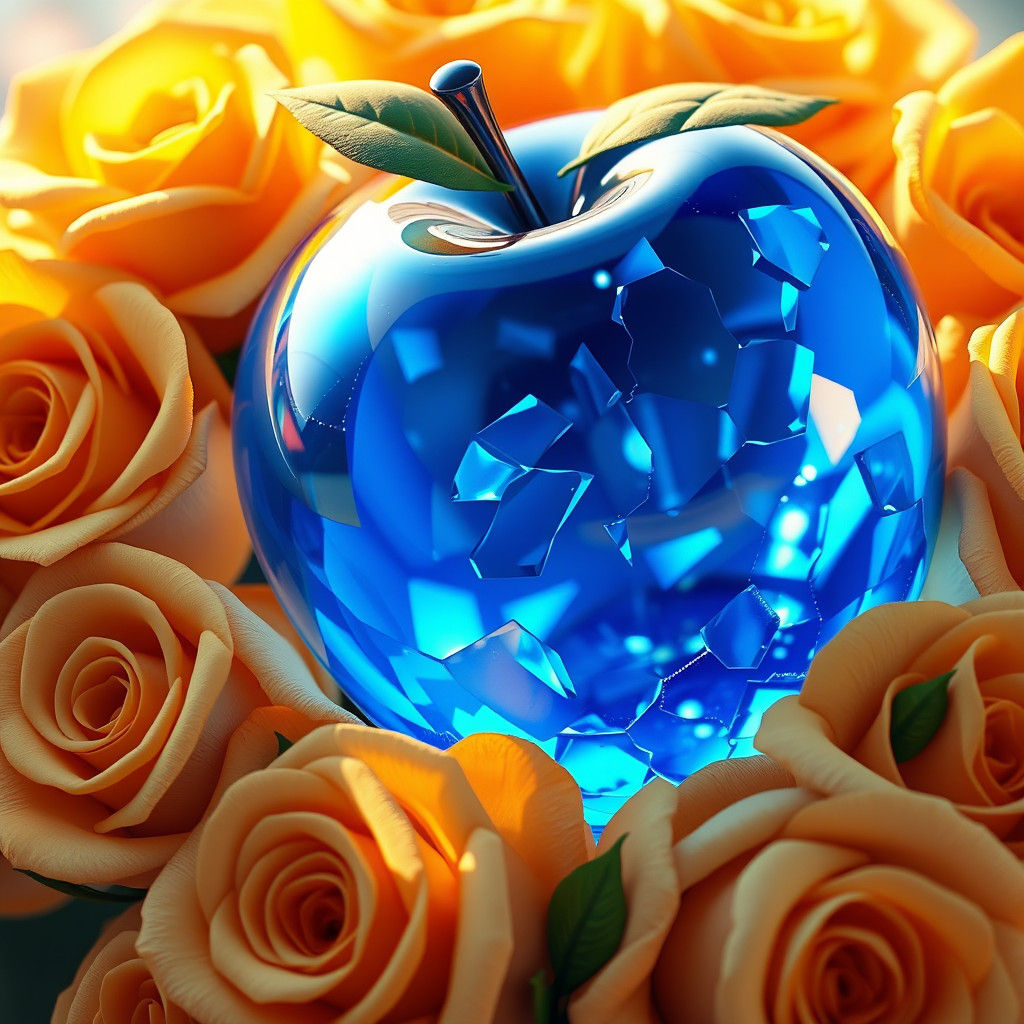 Crystal Apple Surrounded by Golden Roses in 3D Anime Art