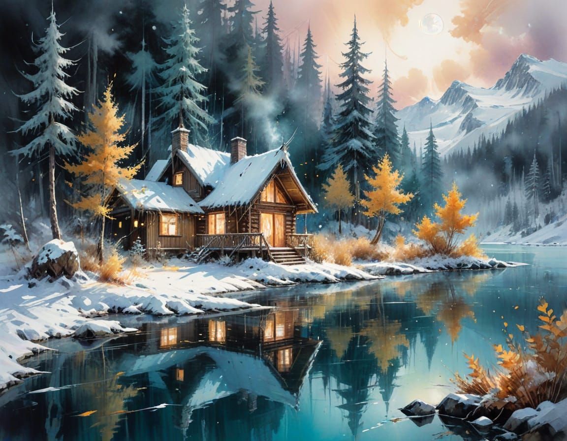 Enchanted Forest: Moonlit Cabin by Obsidian Lake