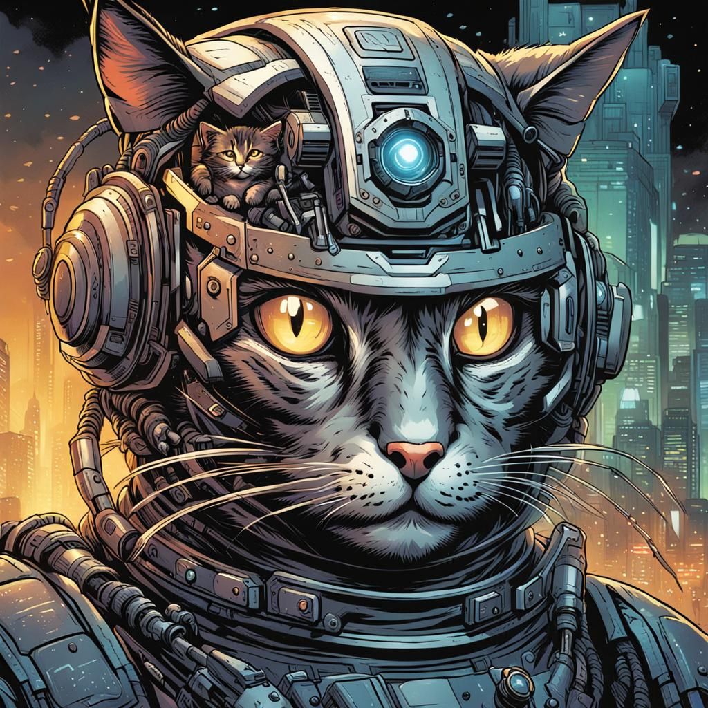 Cyborg Cat in Comic Book Style