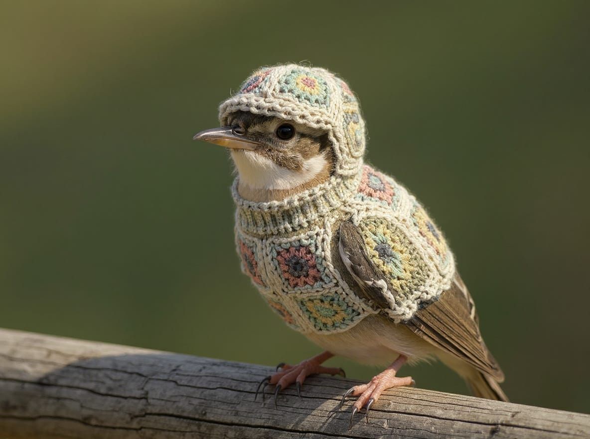 Bird in Granny Square Sweater: Colorful Photo