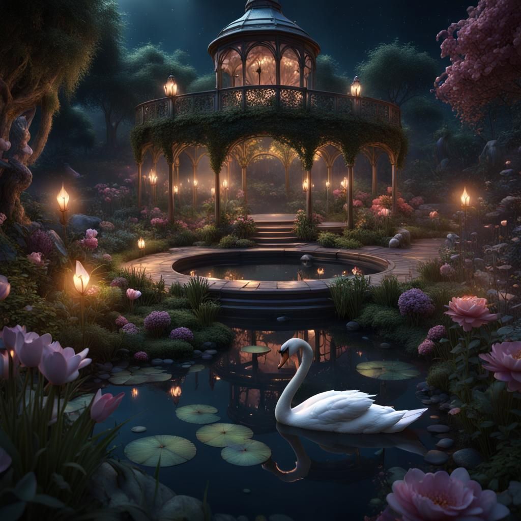 Magic Night Garden with Swans: Fantasy Concept Art