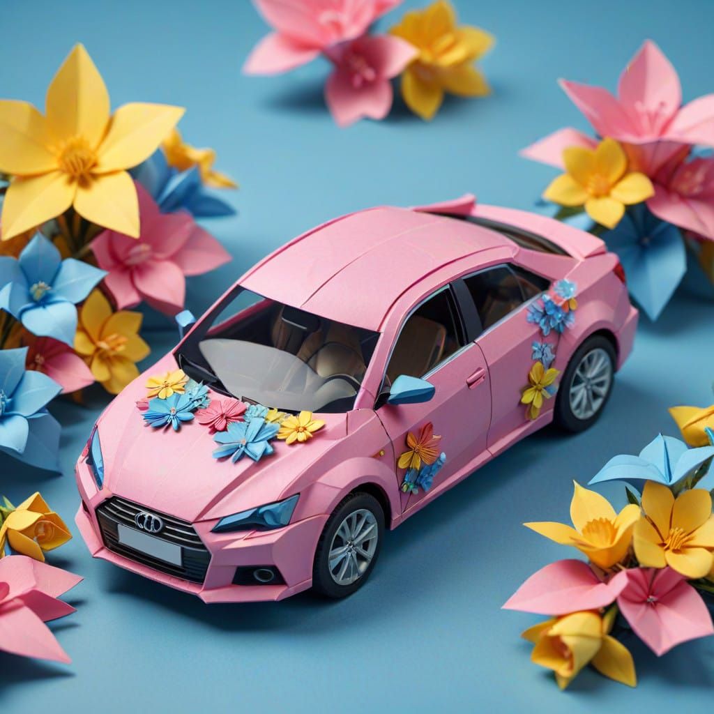 Vibrant Origami Car in Whimsical Paper Craft Style