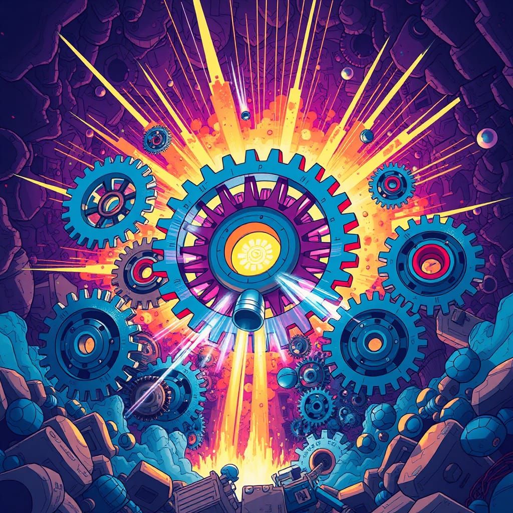 Exploding Cogs: Cartoon Illustration in Sci-Fi Style