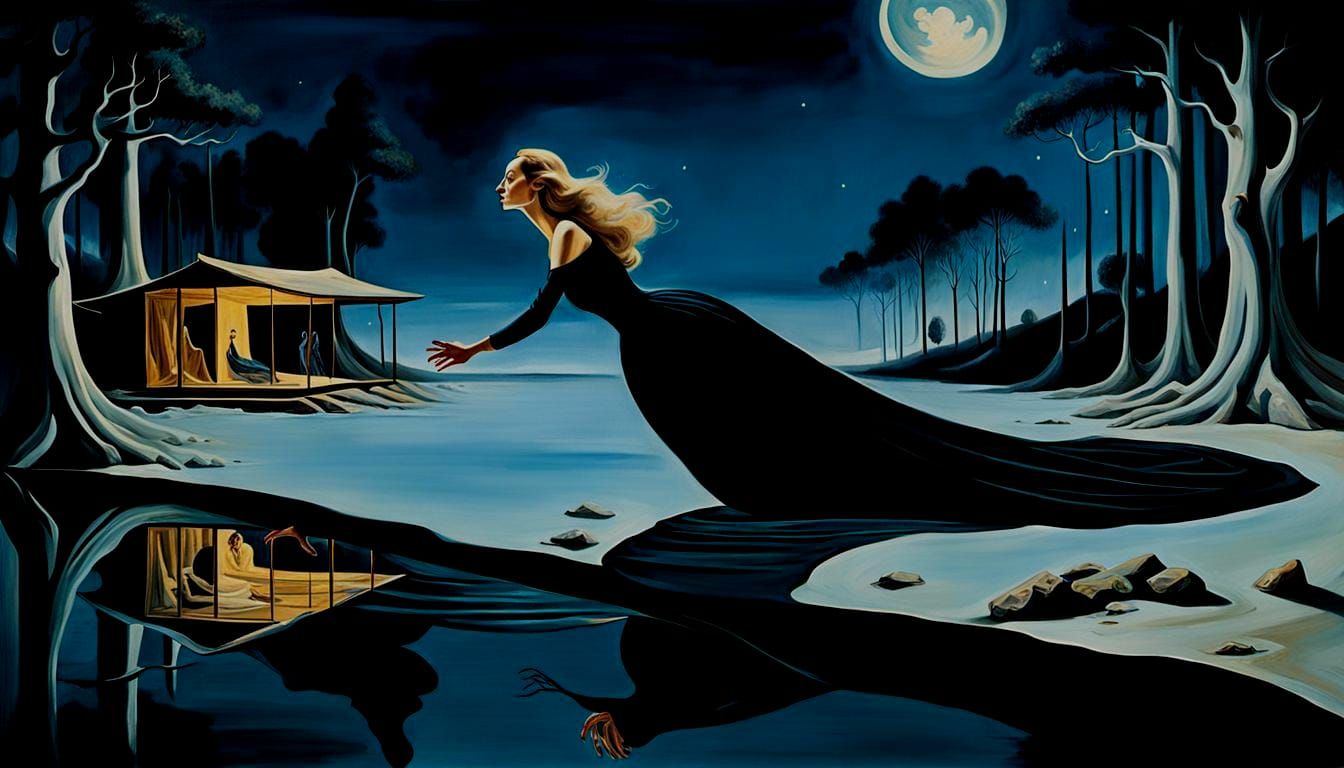 Surreal and Uncanny Woman Floating in an Eerie Forest