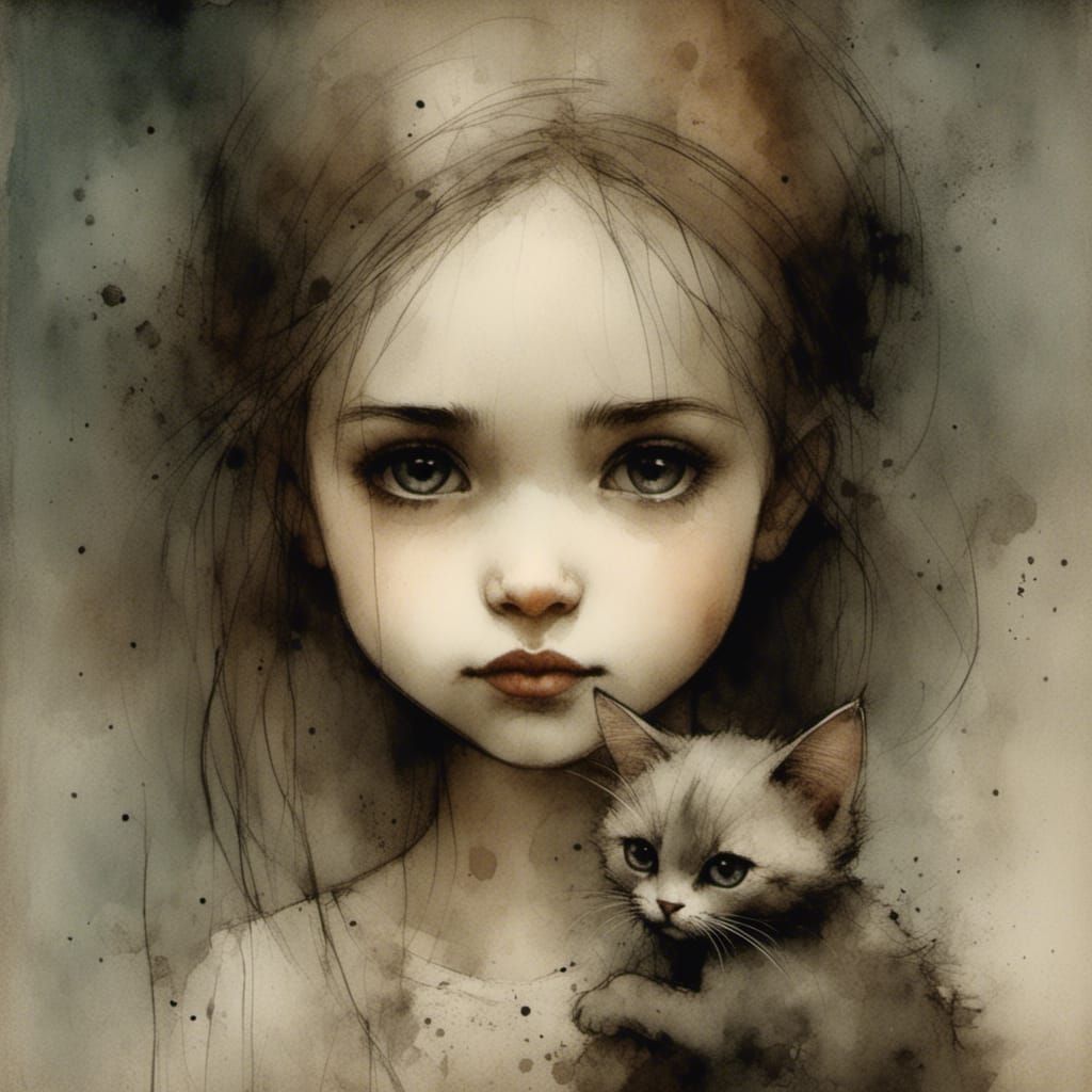 Charming Girl and Cat Portrait in Charcoal and Ink