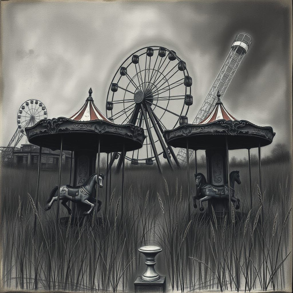 Haunting Abandoned Carnival Scene in Charcoal