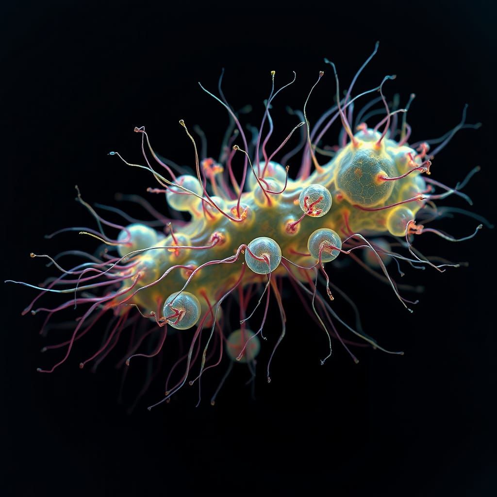 Microscopic Bacteria Colony in Dark, Gradient Background