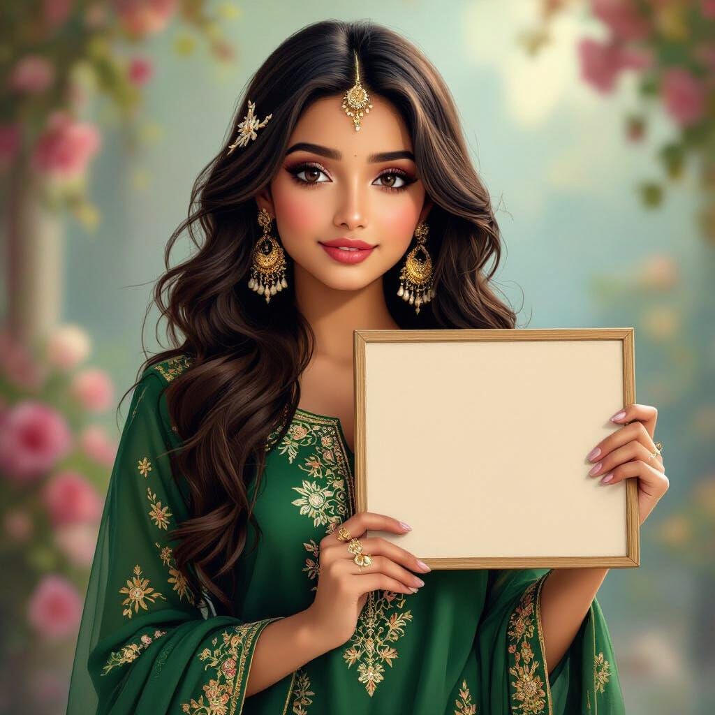 Festive South Asian Girl with Sign, Digital Illustration