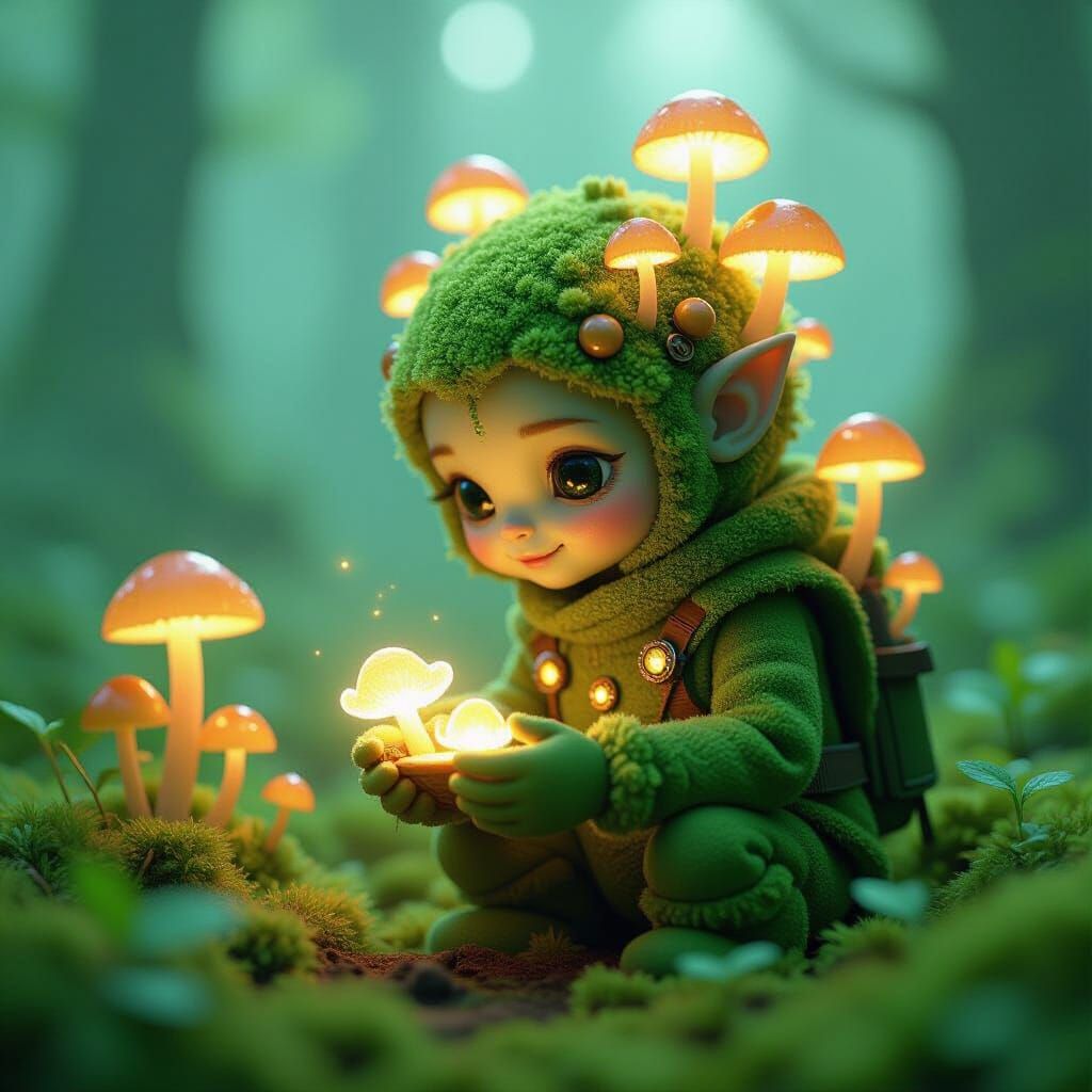 Bioluminescent Moss Creature in Organic Forest Lab