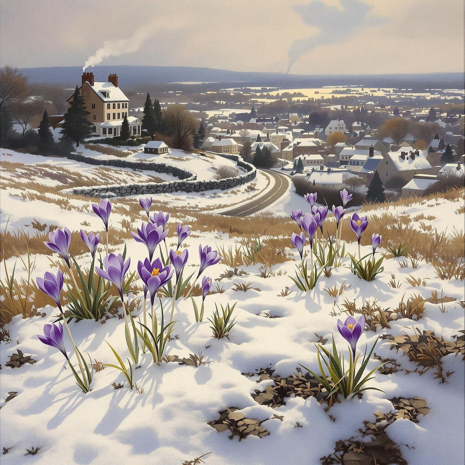 Early Spring Crocuses in New England Village