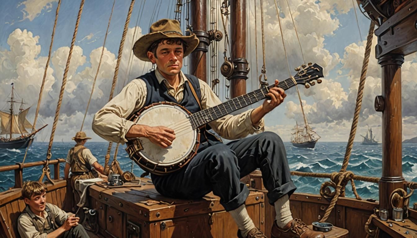 Anthropomorphic Ship with Banjo Player in Oil Painting