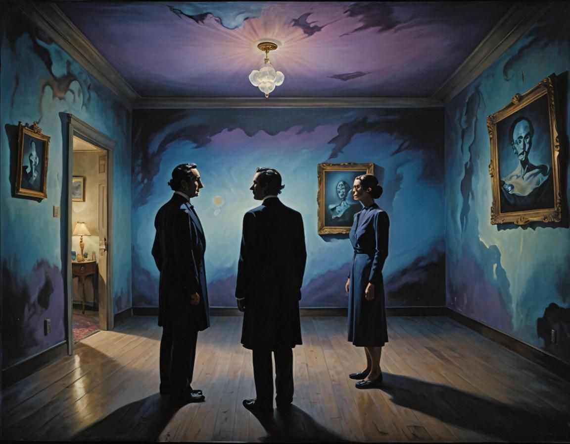 Eerie Encounter: Surrealism in a Dimly Lit Room