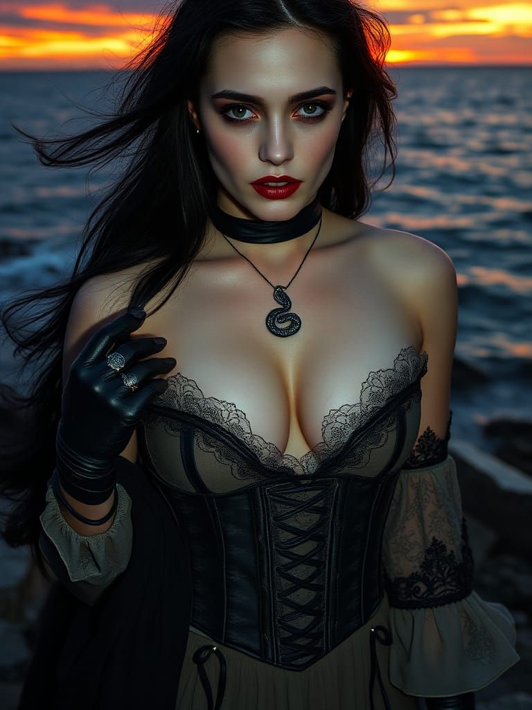 Gothic Lady at Sunset in Cinematic Style