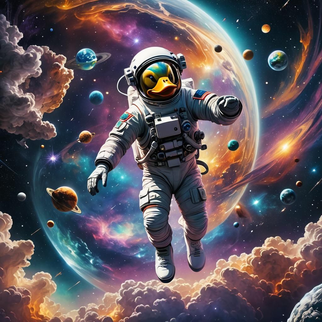 Astronaut Duck Spacewalk in Cosmic Surrealism Style