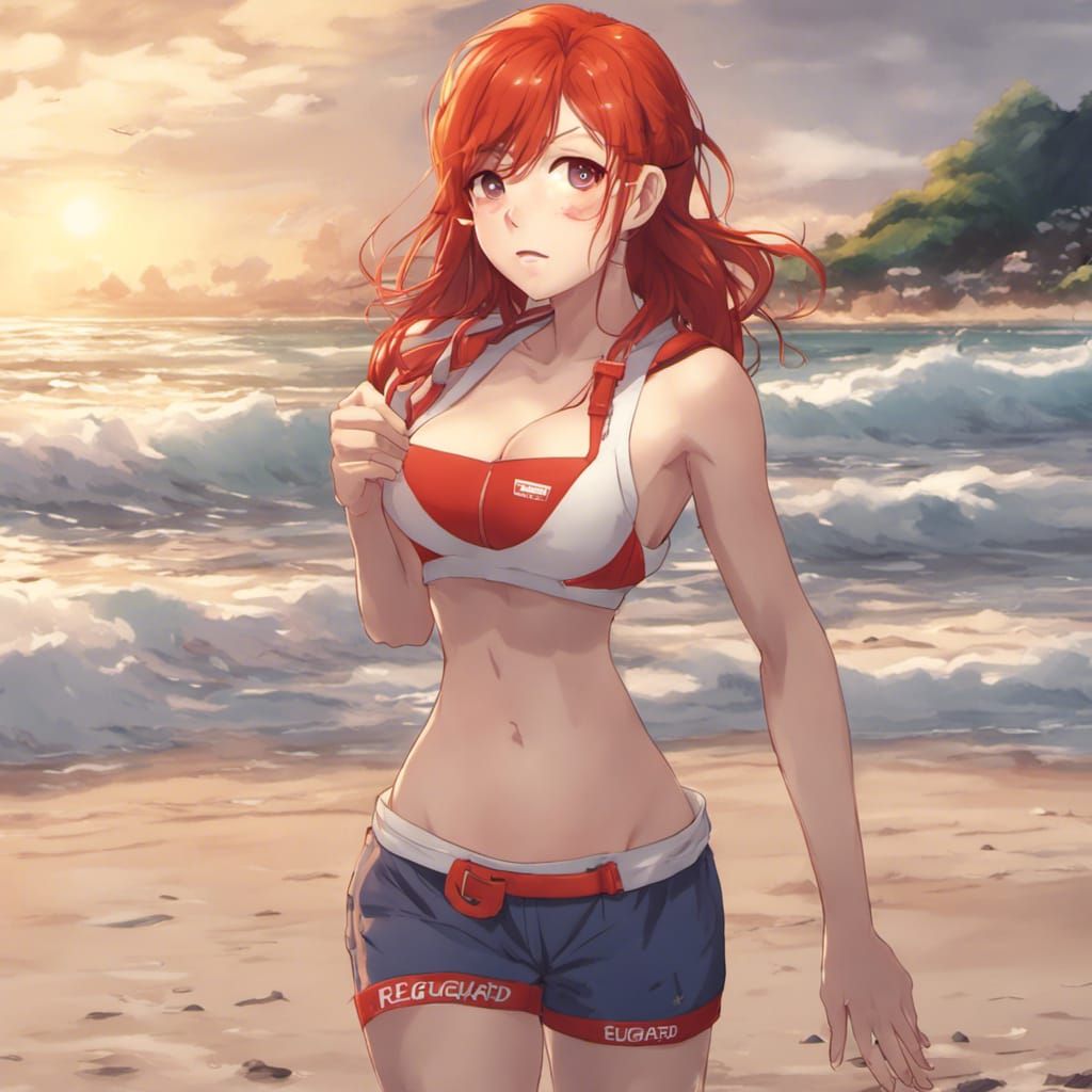 Anime-Style Redhead Lifeguard on Beach in 4K