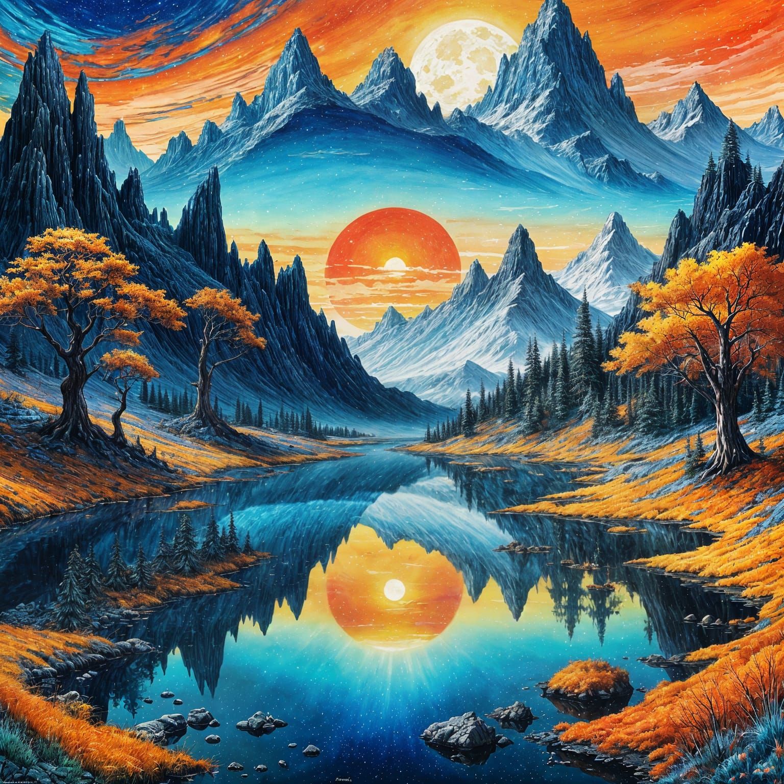 Solarpunk Landscape with Luminous Sun