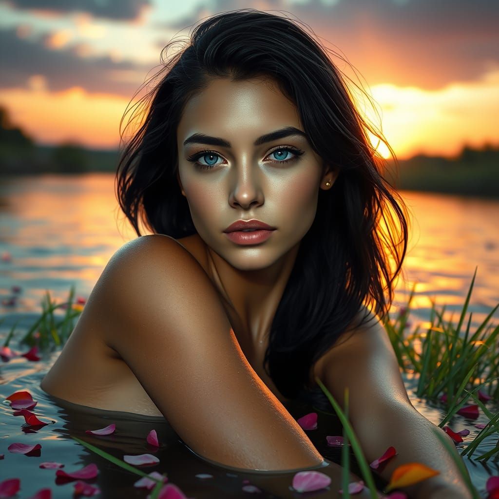Beautiful Woman Lying in River, Detailed Portrait