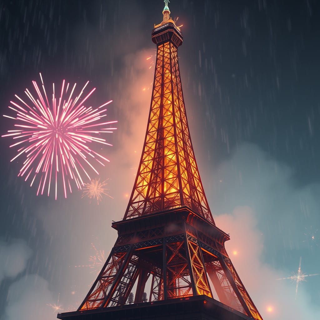 Vintage New Year's Eve on Eiffel Tower in Triadic Colors