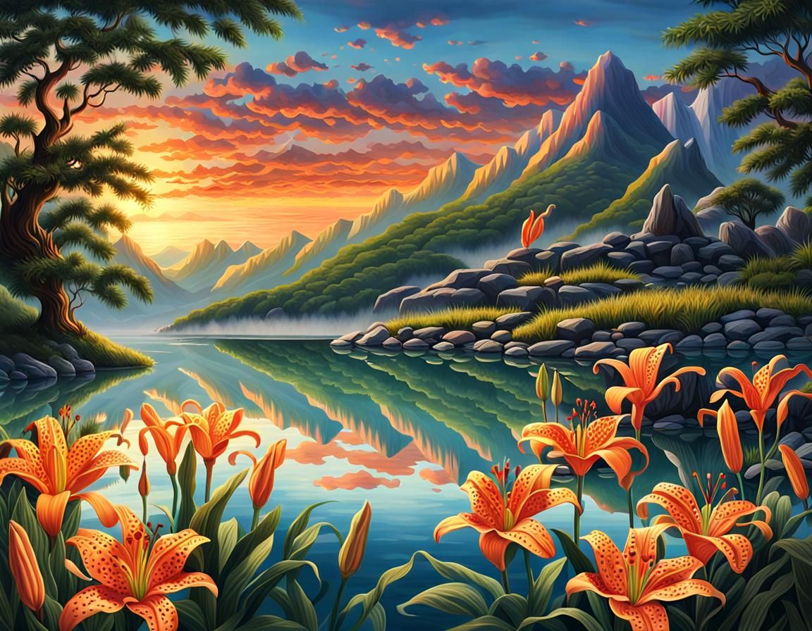 Tiger Lily by Lake: Photorealistic Digital Painting
