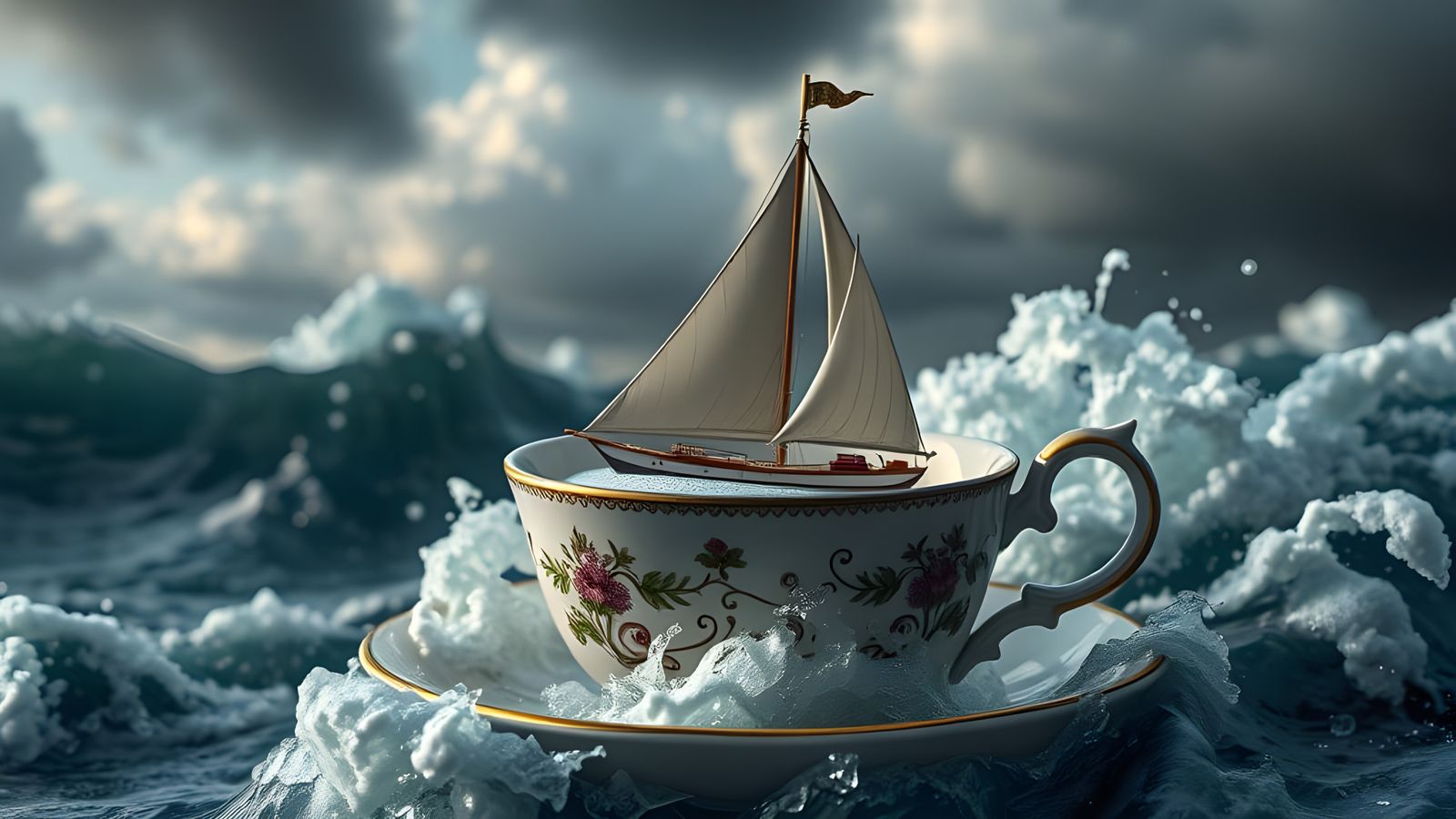 Porcelain Sailboat Braving Stormy Seas
