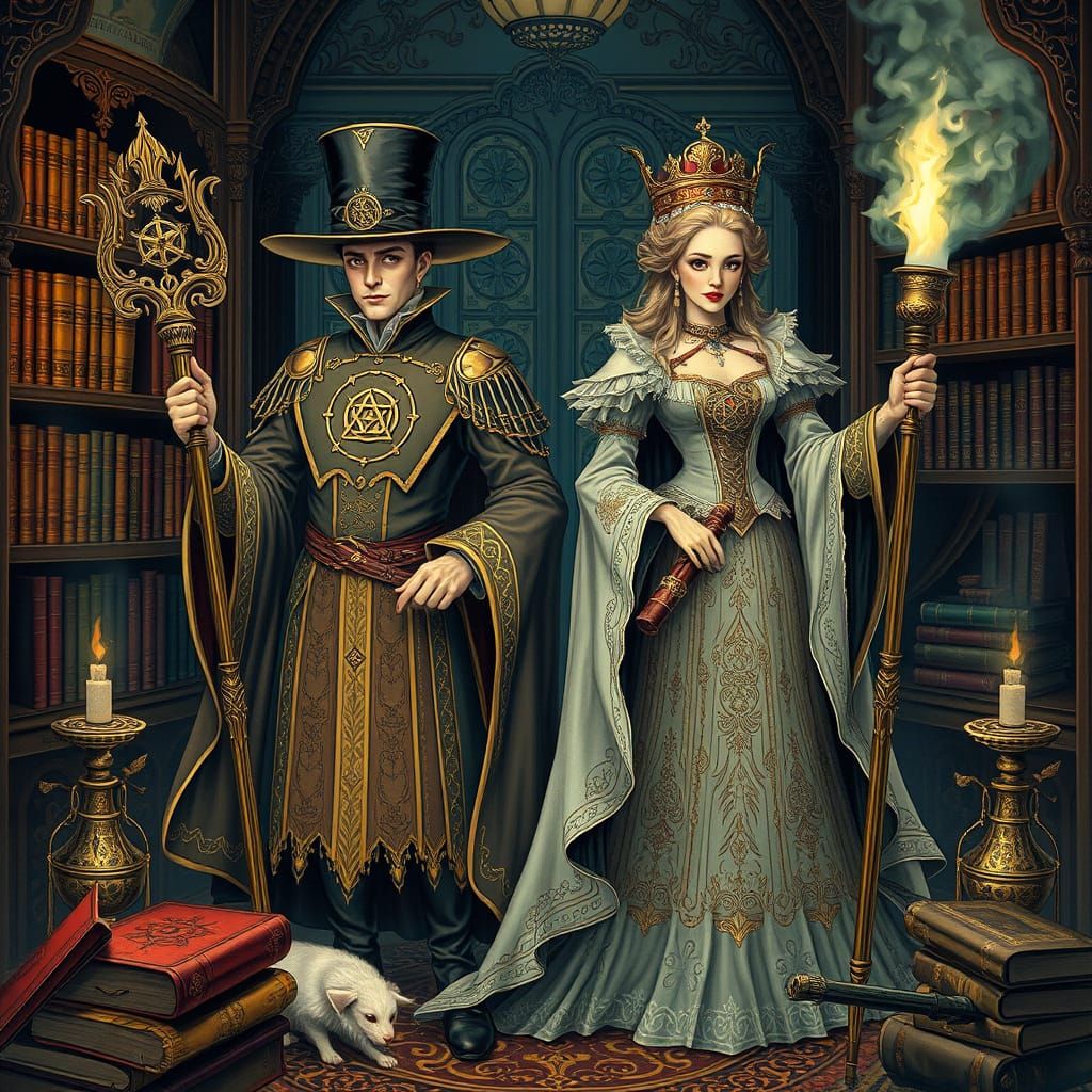 Victorian Wizards in Ornate Chamber as Line Art