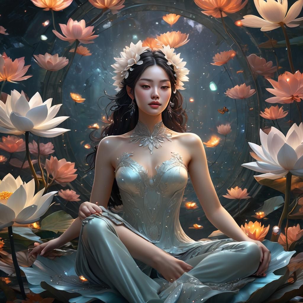 Opalescent Woman in Lotus Flower: 3D Digital Art