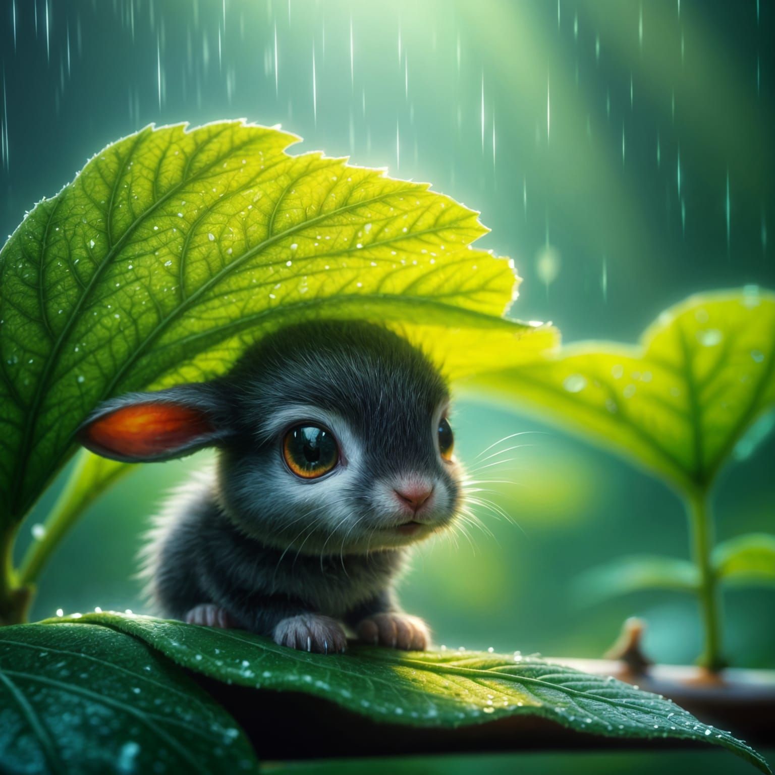 Whimsical Baby Bunny Sheltering from Rain Under an Emerald L...