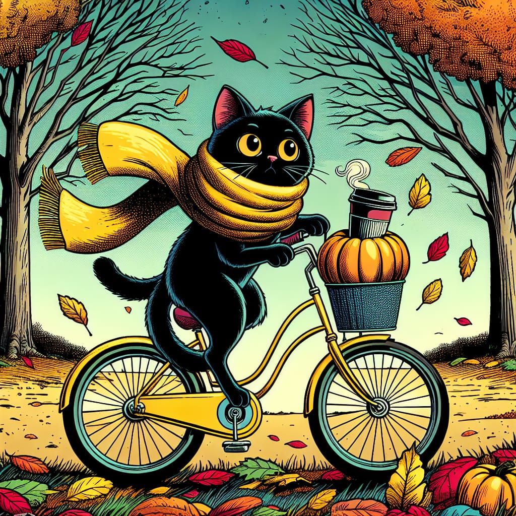 Whimsical Black Cat Rides Bicycle: Comic Book Illustration