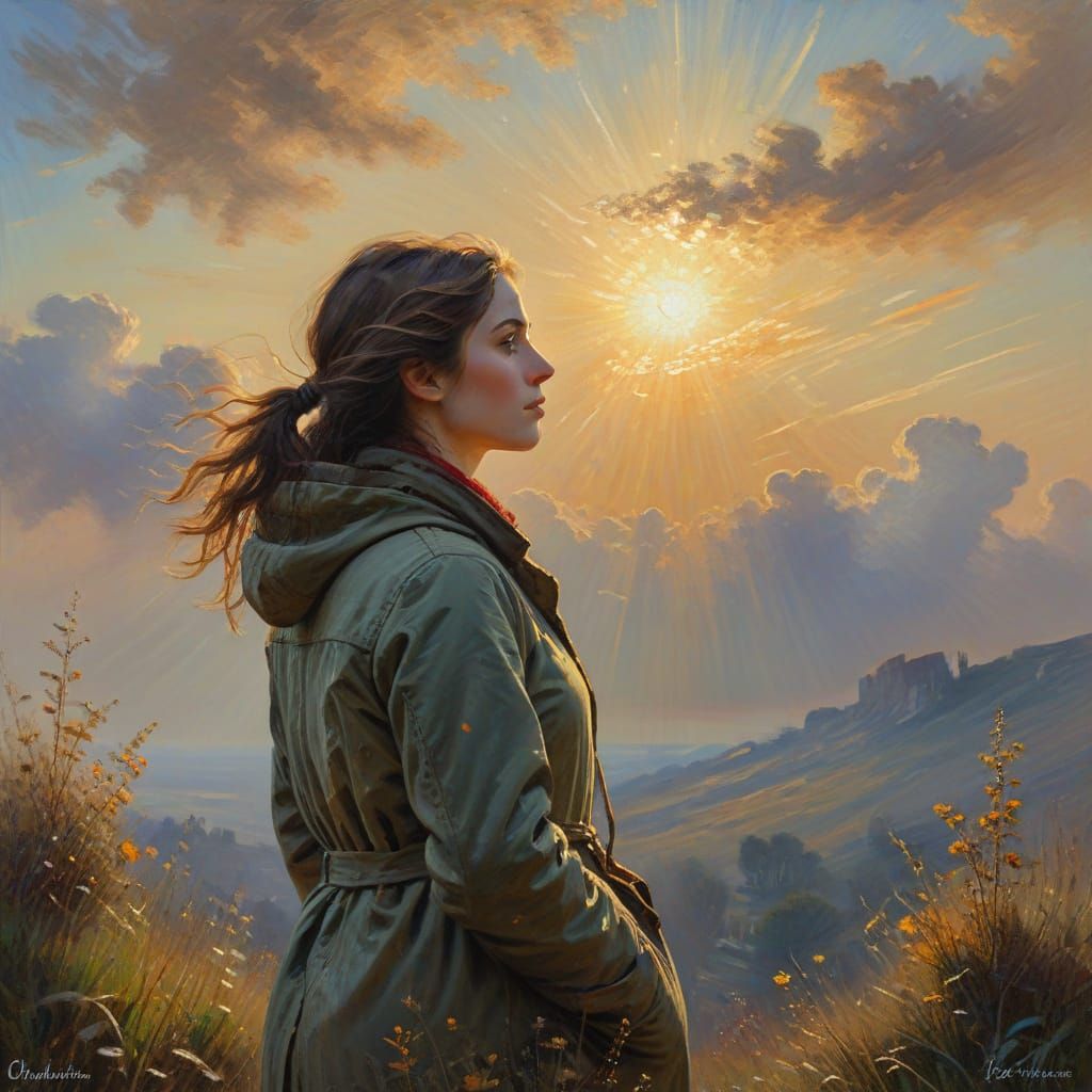 Young Woman at Mountain Summit Contemplates Dawn