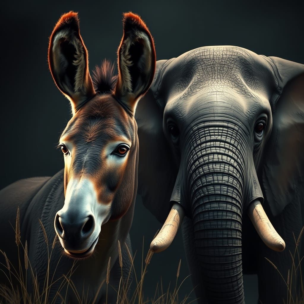 Donkey and Elephant Portrait in Oil Painting Style