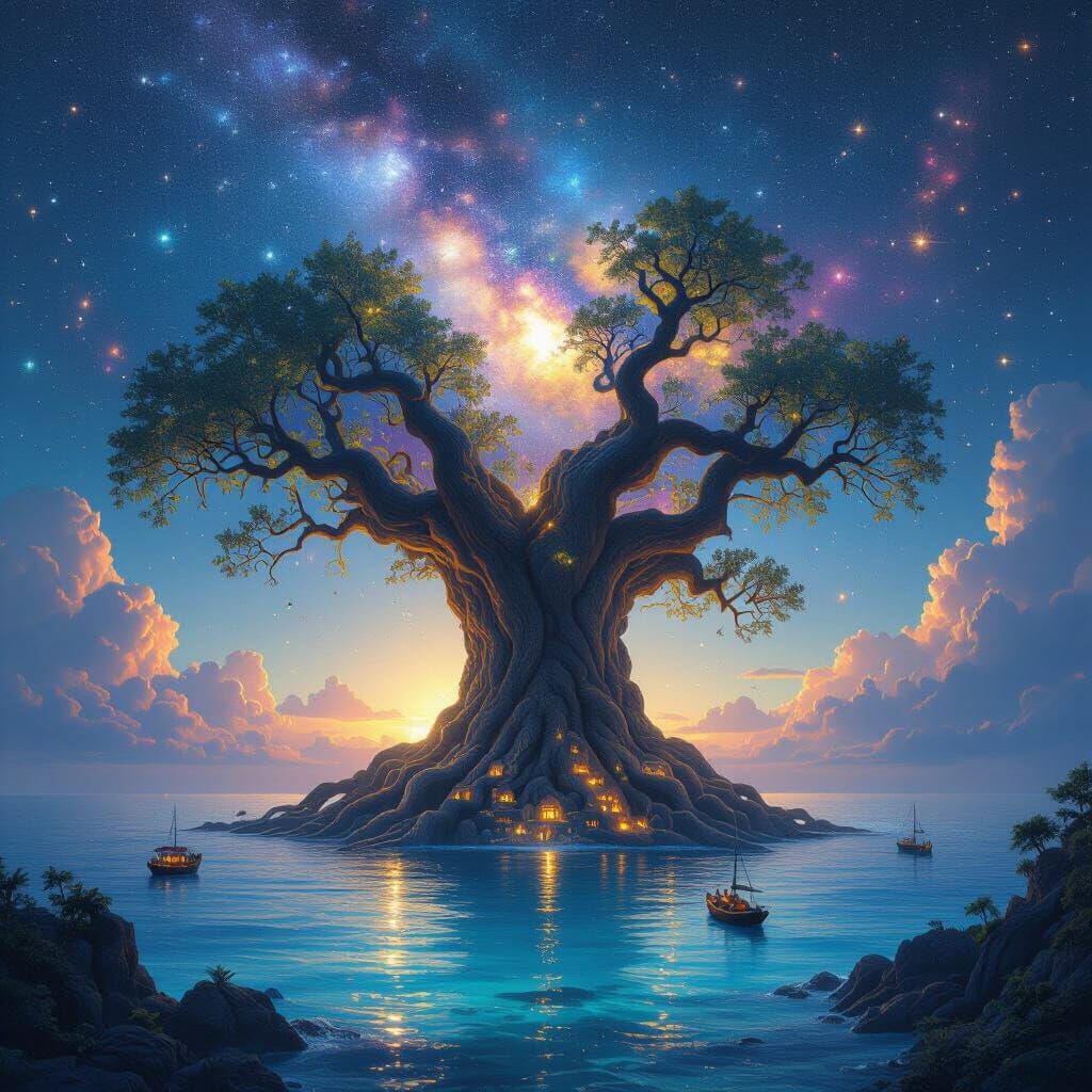 Colossal Cosmic Tree Rising from Ocean in Futuristic Style