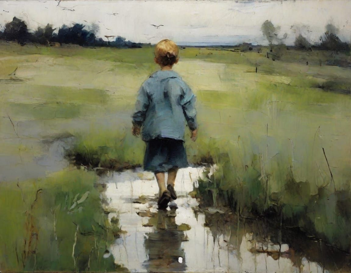 Child Splashing in Summer Rain as Impressionist Painting