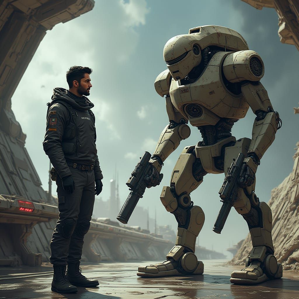 Hyperrealistic Starship Captain Talking to Warbot