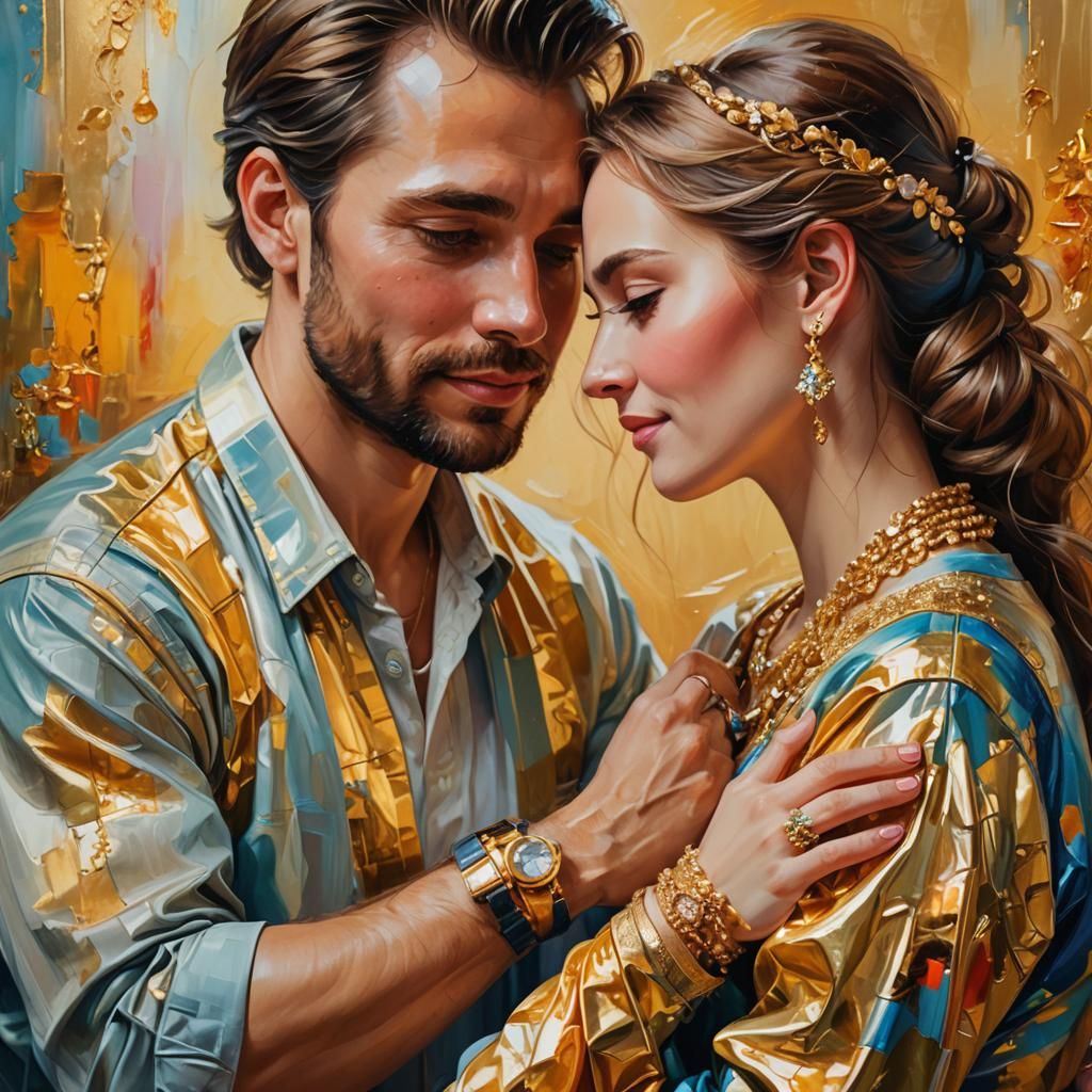 Romantic Realism: Gold Jewelry Gift, Loving Embrace