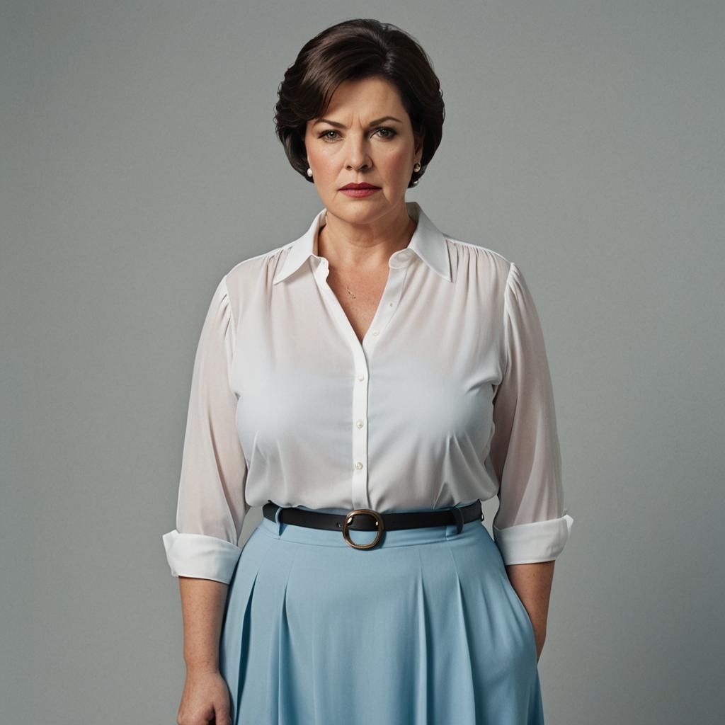 Stern Mature Woman in White Blouse and Blue Skirt
