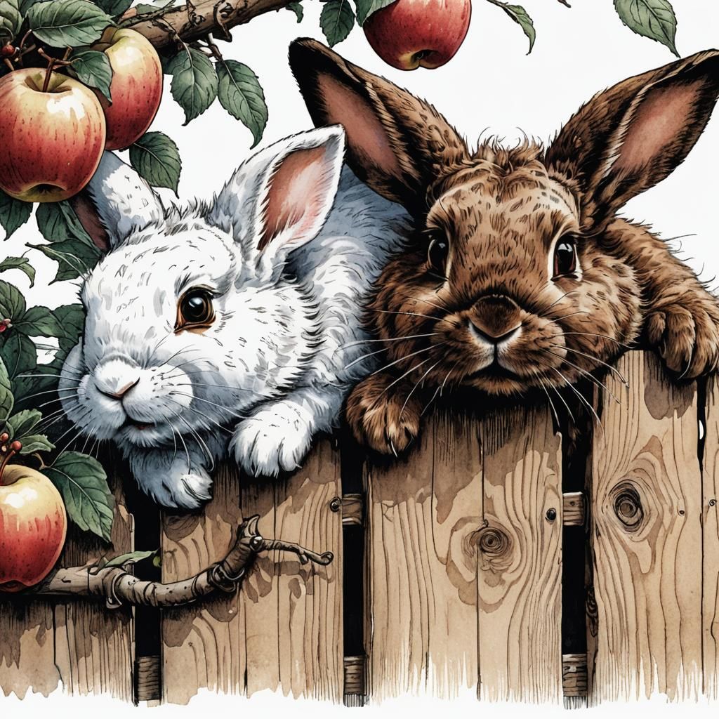 Rabbits Stealing Apples: A Filigree Pen Illustration