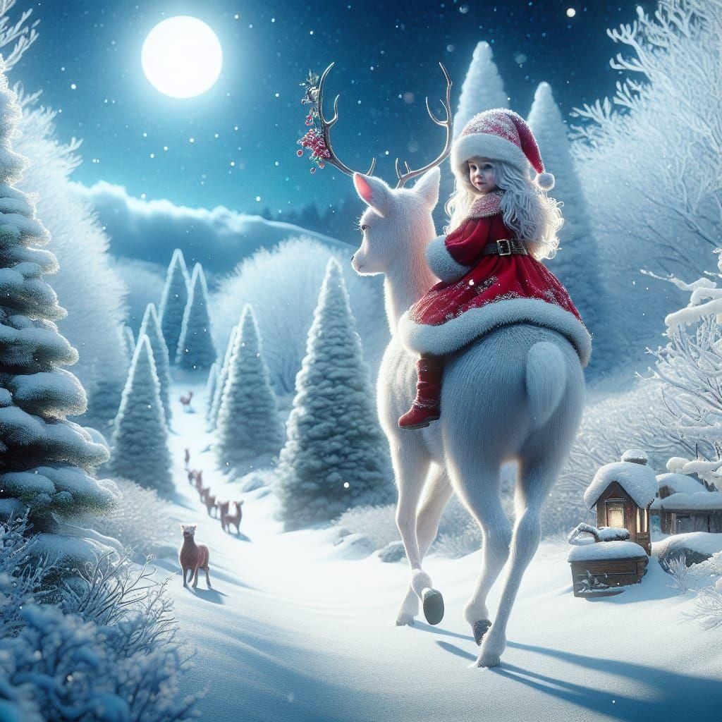 Christmas Fantasy: Snowy Forest Scene with Santa and Deer in...