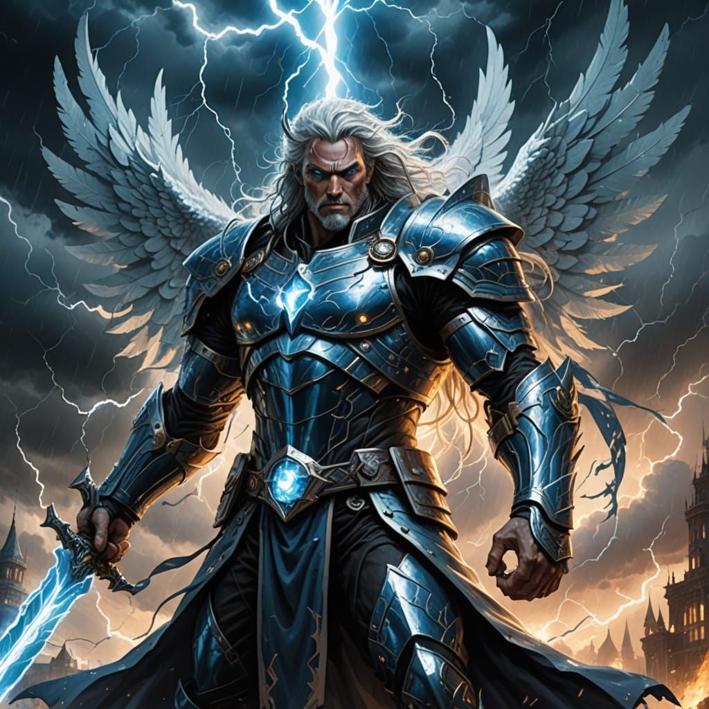 Cyberpunk Warrior Angel in Turbulent Stormy Sky