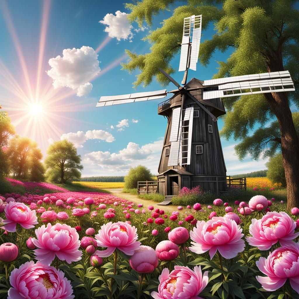 Field full of epically brightly colored peonies a windmill &...